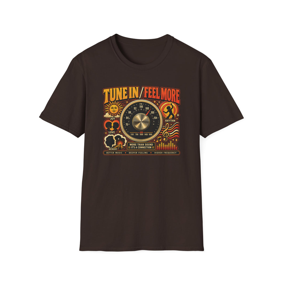 Dark brown Tune In Feel More T-shirt with a vintage radio dial and music-themed symbols.