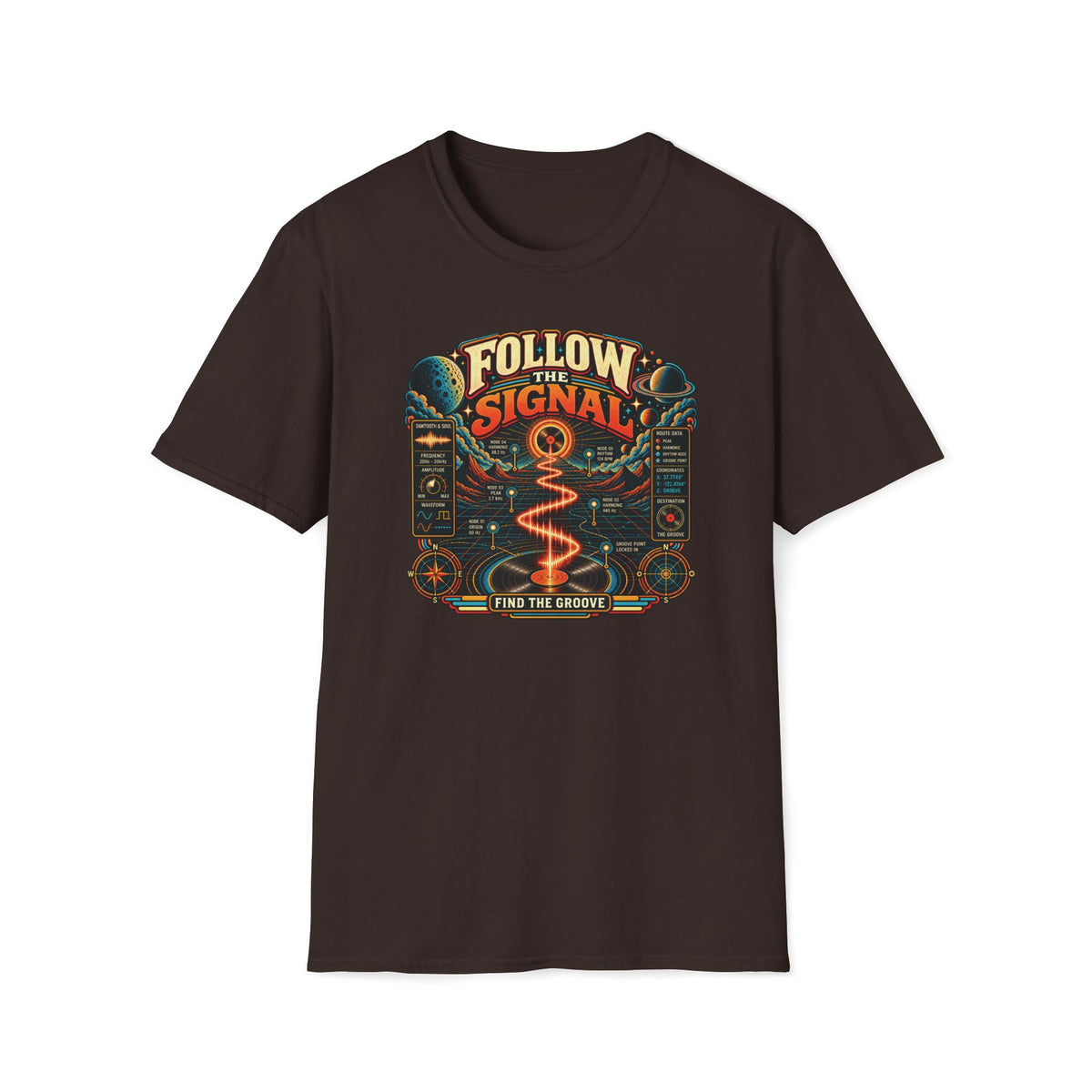 Dark brown Follow the Signal T-shirt with an orange waveform leading through space toward a record.