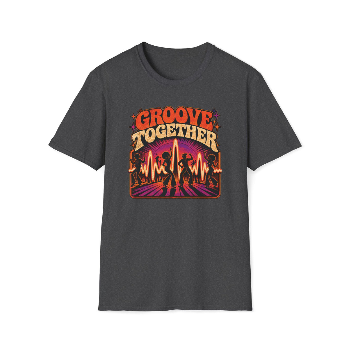 Dark heather gray Groove Together T-shirt with dancers, a glowing waveform, and a radiating dance floor.