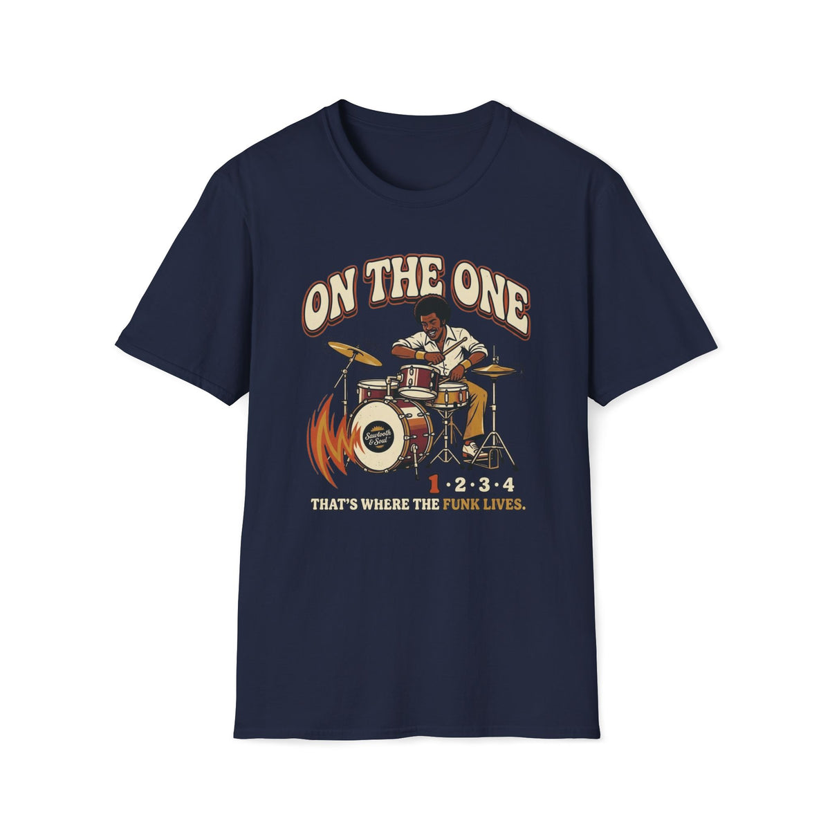 Navy On the One T-shirt with a drummer at a vintage kit with an accented first beat.