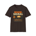 Dark brown Warm Signal T-shirt with a glowing vacuum tube, VU meter, and waveform.