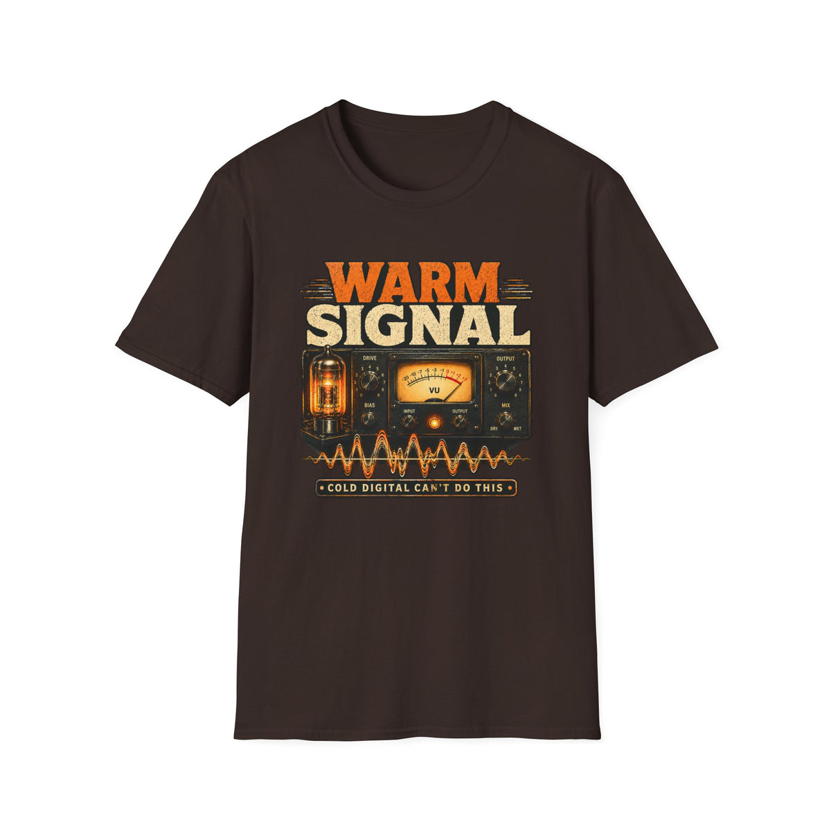 Dark brown Warm Signal T-shirt with a glowing vacuum tube, VU meter, and waveform.