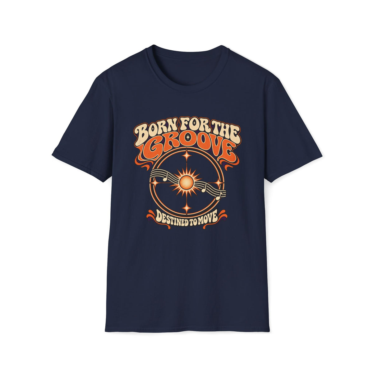 Navy Born for the Groove T-shirt with a radiant sun, orbit rings, and a musical staff.