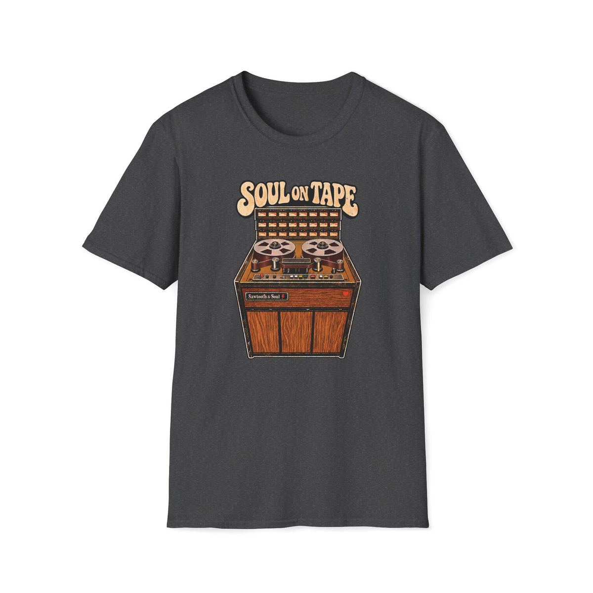 “Soul on Tape” T-shirt featuring a vintage multitrack tape machine with twin reels, a meter bank, woodgrain cabinet, and a small red heart.