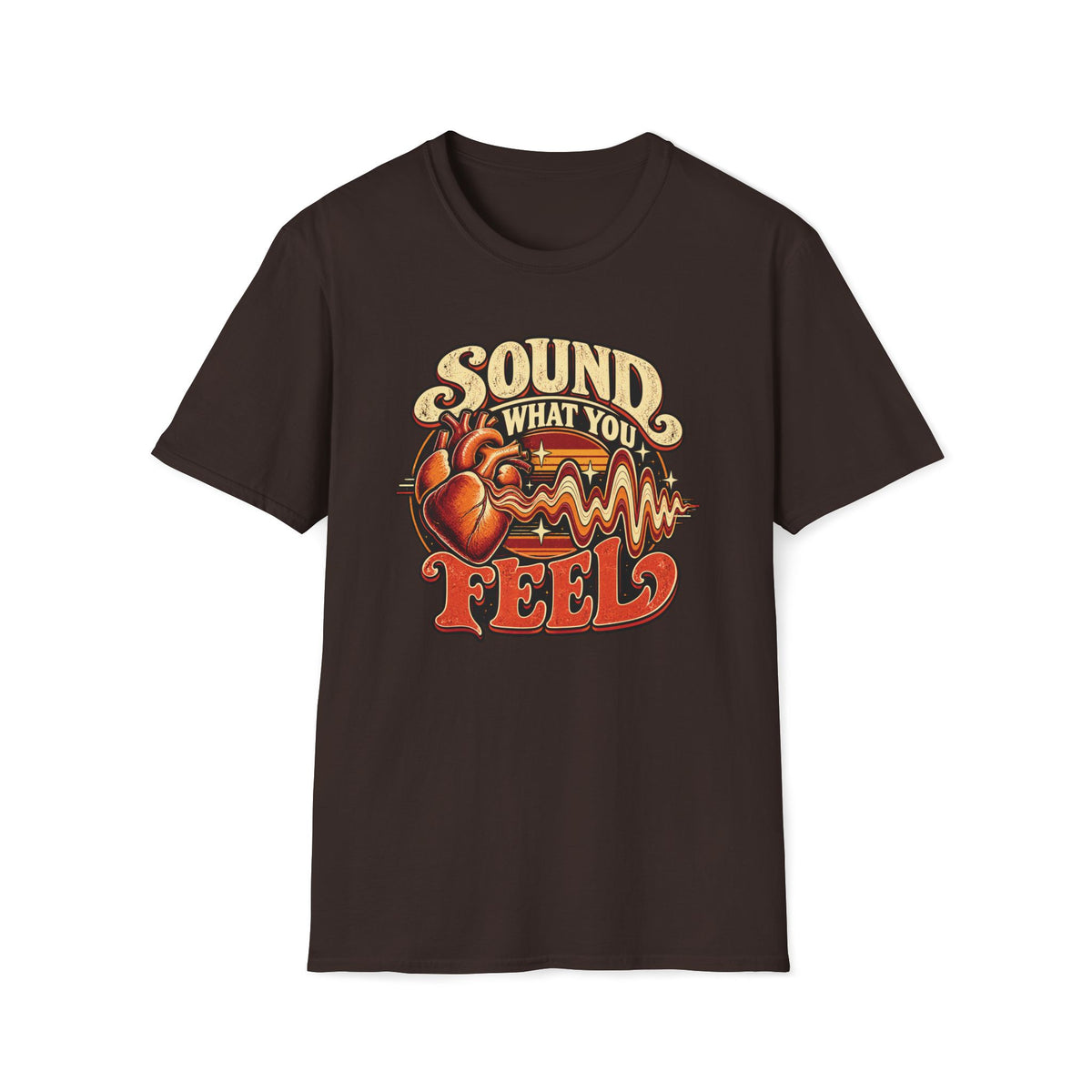Dark brown Sound What You Feel T-shirt with a heart transforming into a musical waveform.
