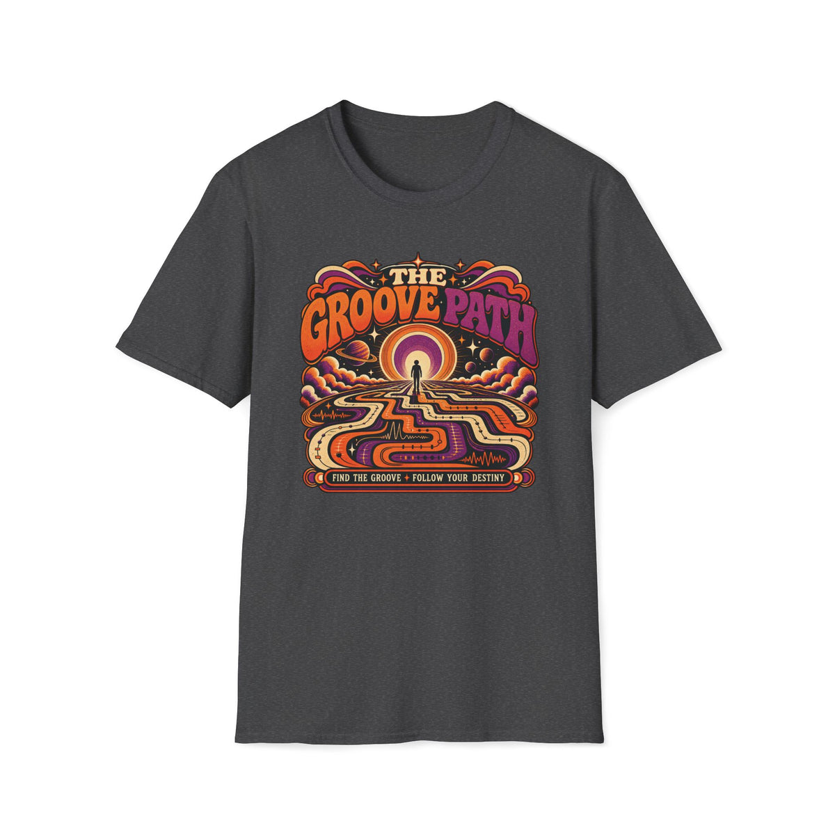 Dark heather gray The Groove Path T-shirt with a traveler on a winding waveform path toward a cosmic horizon.
