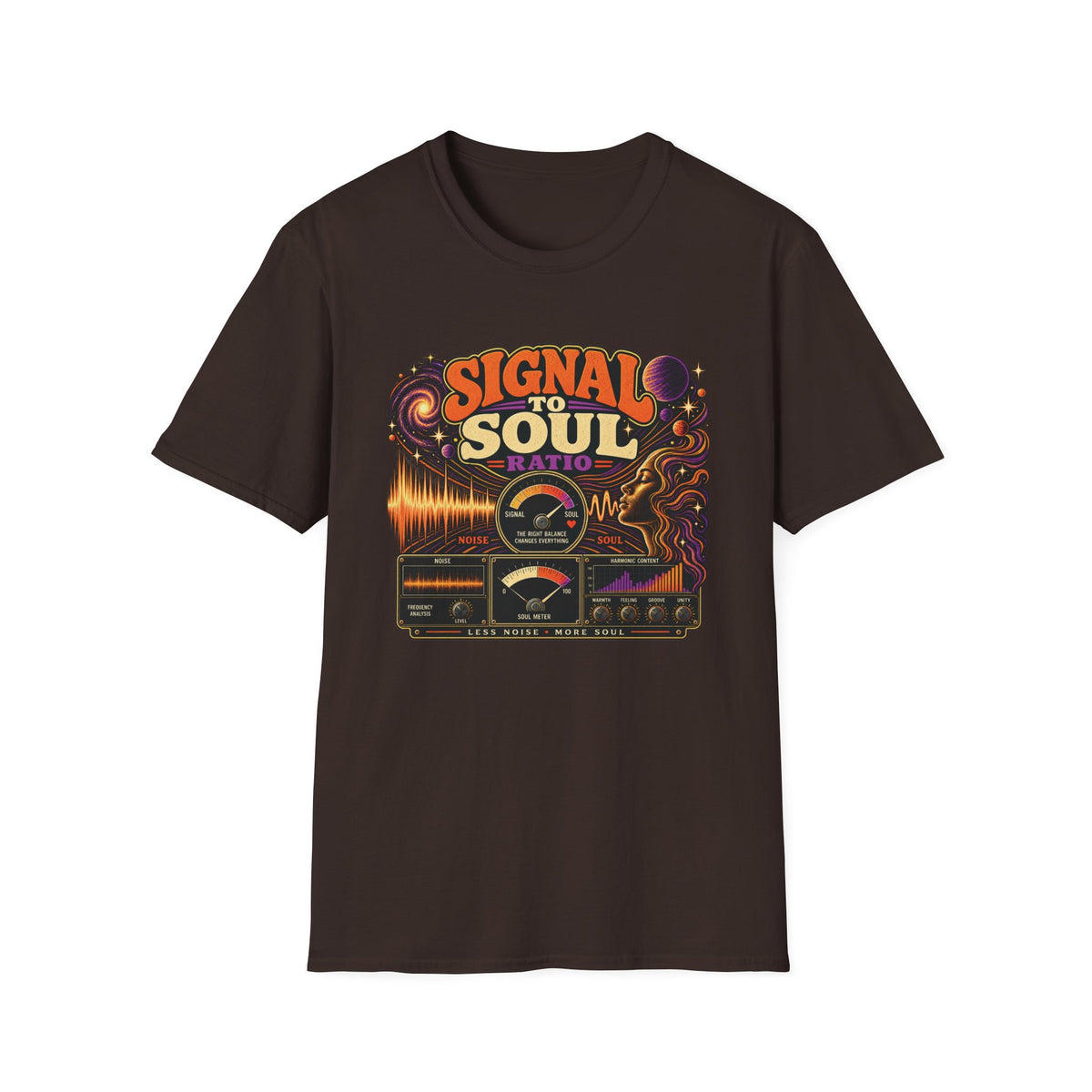 Dark brown Signal to Soul Ratio T-shirt with vintage meters, a cosmic portrait, and waveforms.