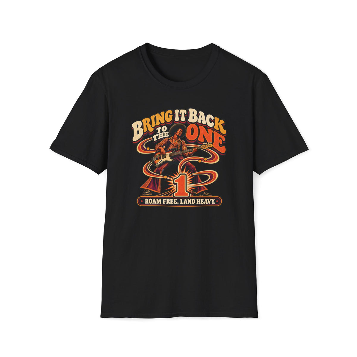 Black Bring It Back to the One T-shirt with a bass player, flowing ribbons, and a large number one.