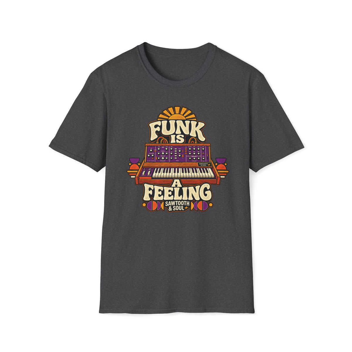 Dark heather gray Funk Is a Feeling T-shirt with a vintage synthesizer and warm geometric accents.