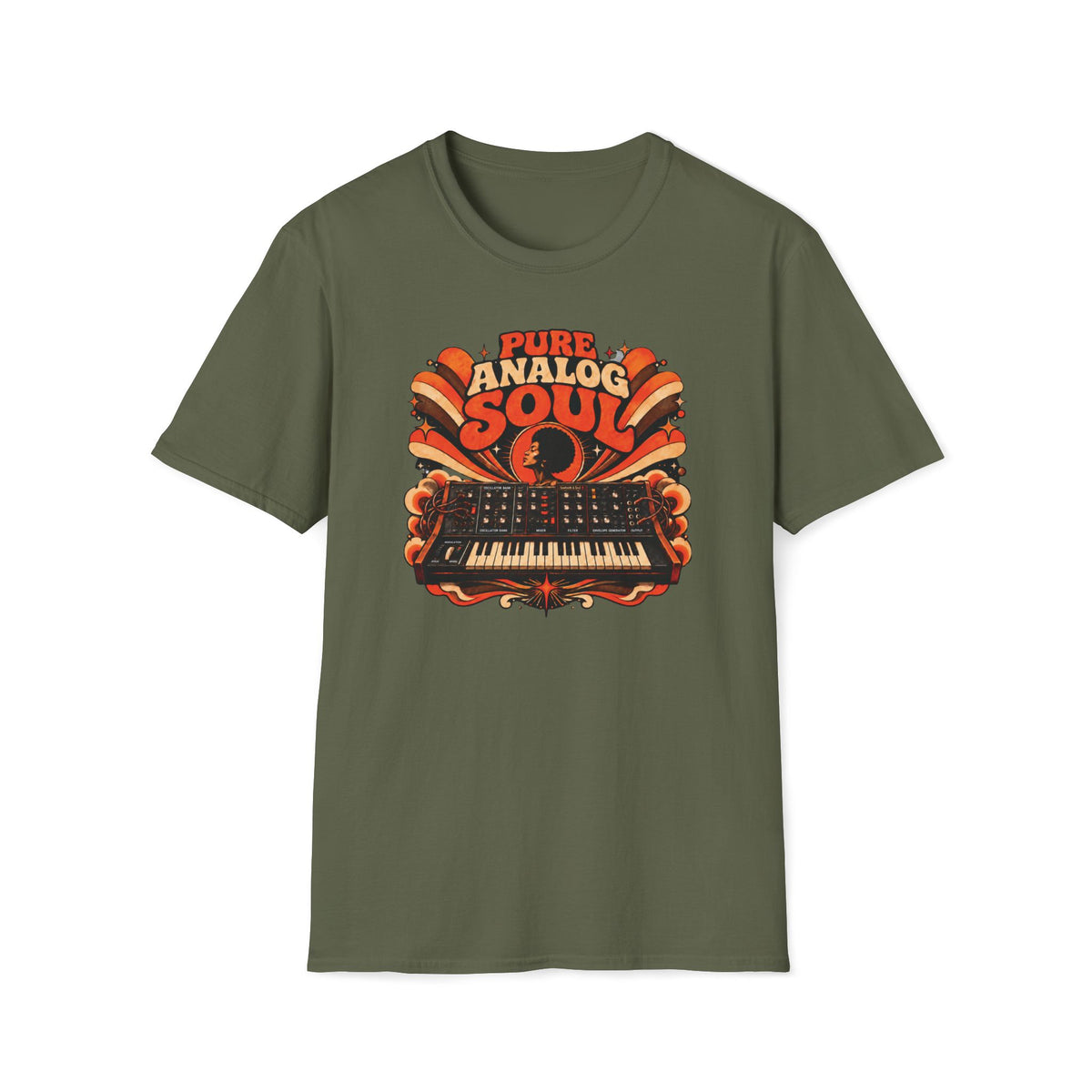 Military green Pure Analog Soul T-shirt with a vintage synthesizer, Afro portrait, and sunburst ribbons.