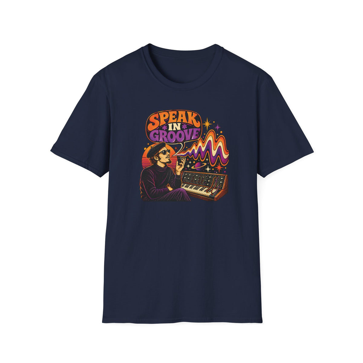 Speak in Groove beatnik synth graphic T-shirt in Dark Heather