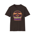 Dark brown The Groove Signal T-shirt with a radio tower, city skyline, and sound waves.