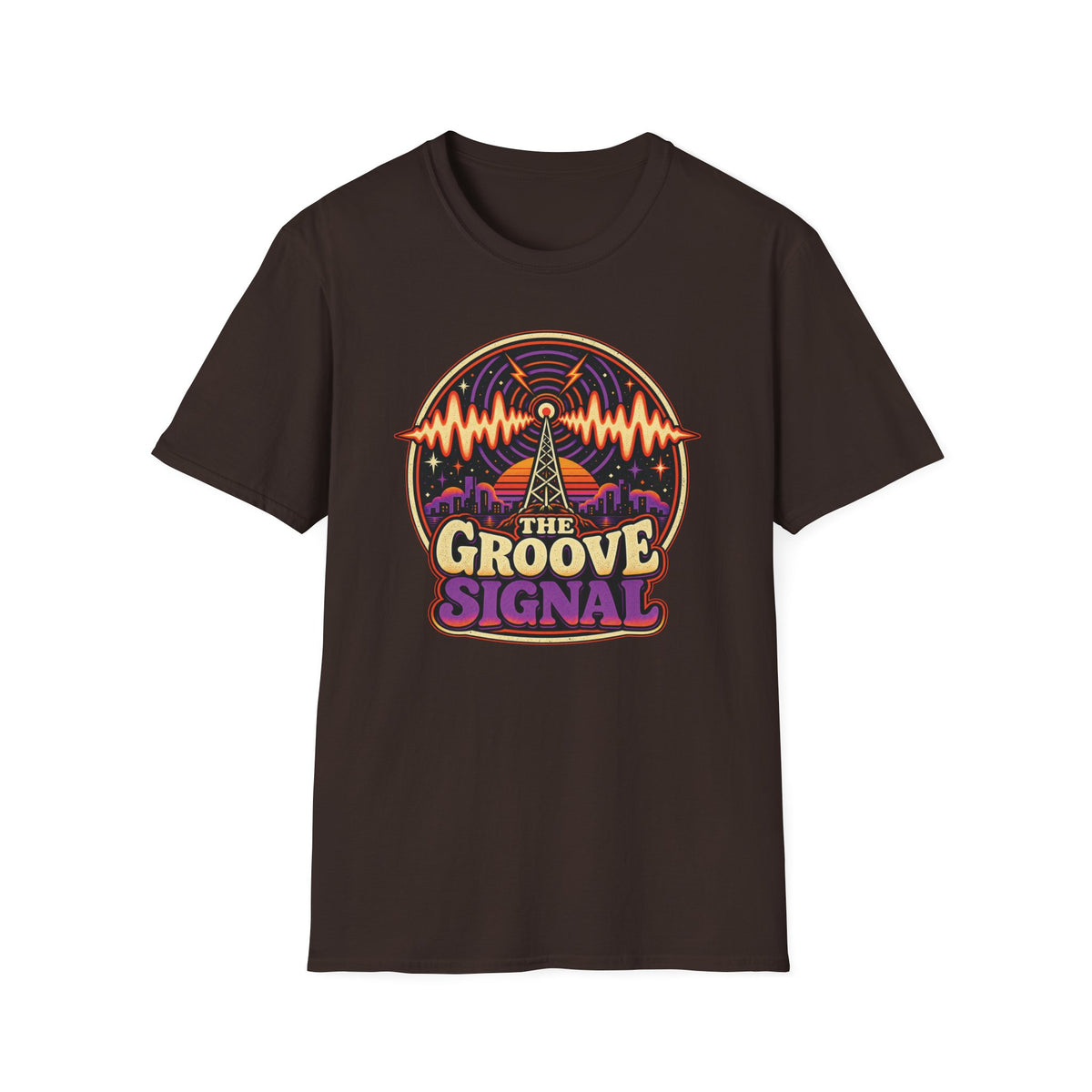 Dark brown The Groove Signal T-shirt with a radio tower, city skyline, and sound waves.