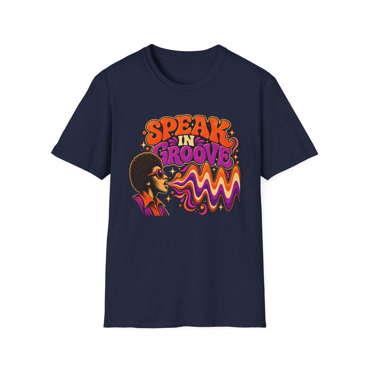 Navy Speak in Groove T-shirt with a sunglasses portrait and colorful sound waves.