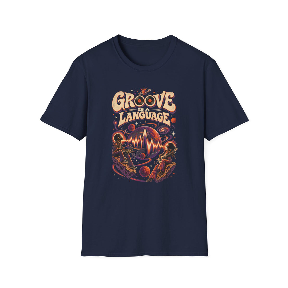 Navy Groove Is a Language T-shirt with two musicians in a cosmic jam with planets and waves.