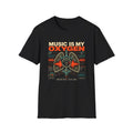 Black Music Is My Oxygen T-shirt with anatomical lungs, waveforms, and vintage audio details.
