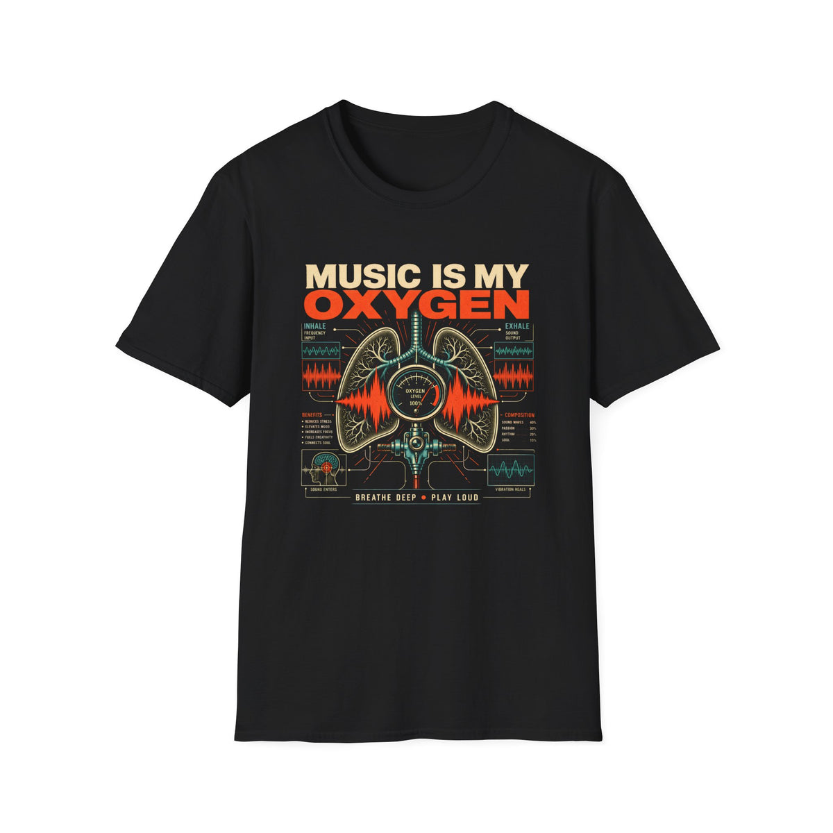 Black Music Is My Oxygen T-shirt with anatomical lungs, waveforms, and vintage audio details.