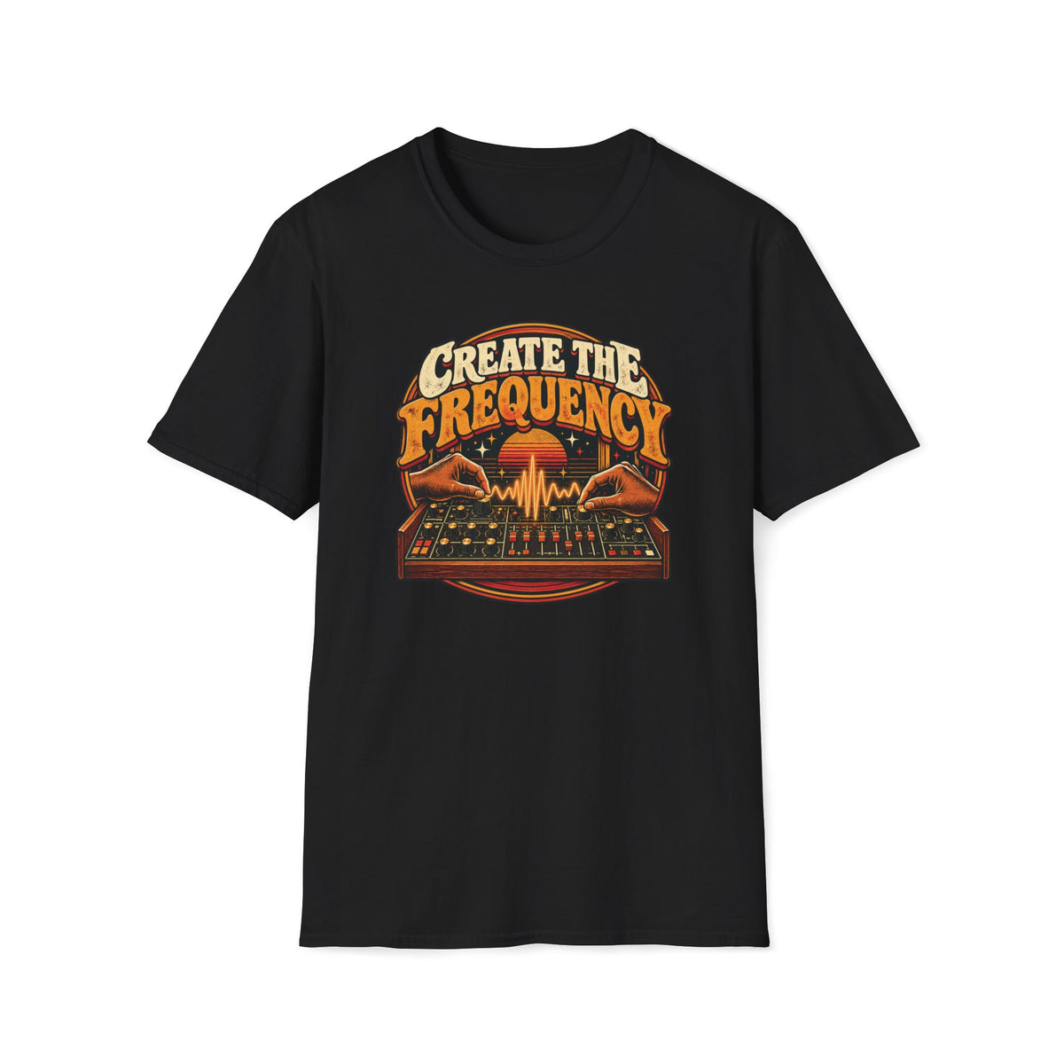 Black Create the Frequency T-shirt with hands shaping a waveform above a synthesizer.