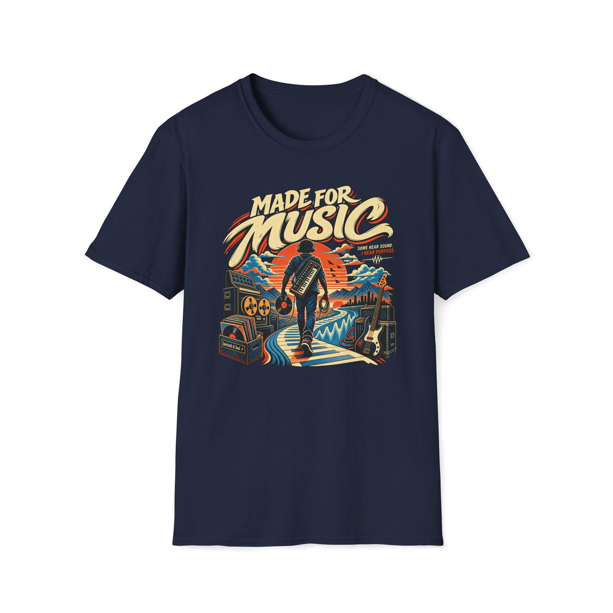 Navy Made for Music T-shirt with a musician following a piano-key path toward a sunset.
