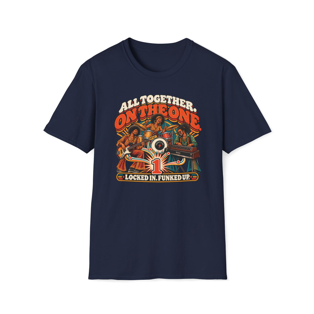 Navy All Together on the One T-shirt with a bassist, drummer, and synth player above a large one.