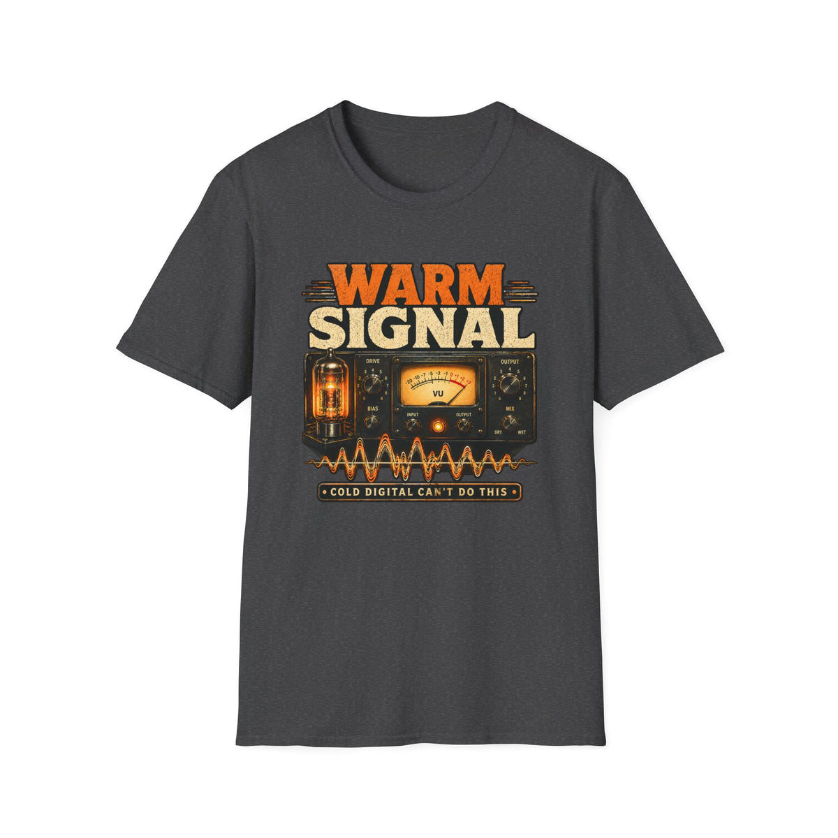 Dark heather gray Warm Signal T-shirt with a glowing vacuum tube, VU meter, and waveform.
