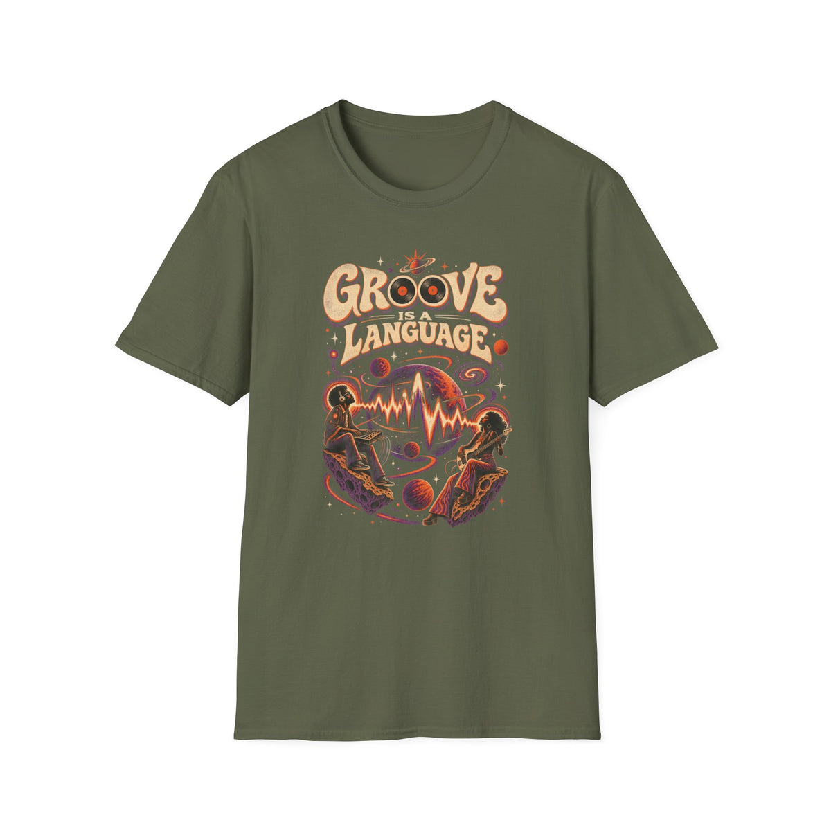 Military green Groove Is a Language T-shirt with two musicians in a cosmic jam with planets and waves.