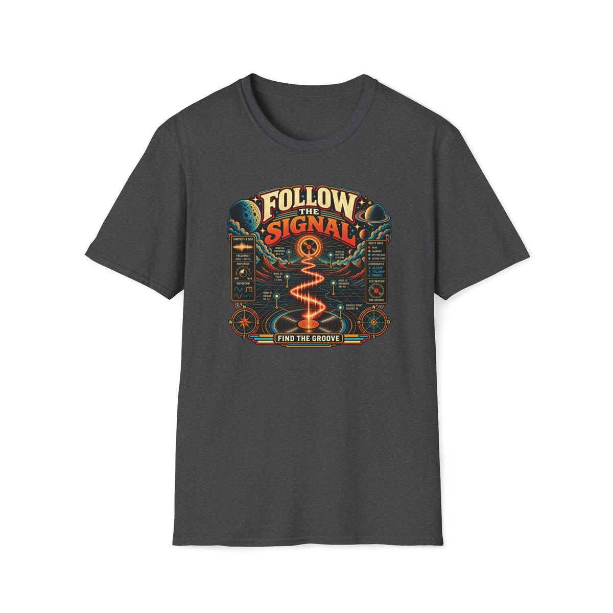 Dark heather gray Follow the Signal T-shirt with an orange waveform leading through space toward a record.
