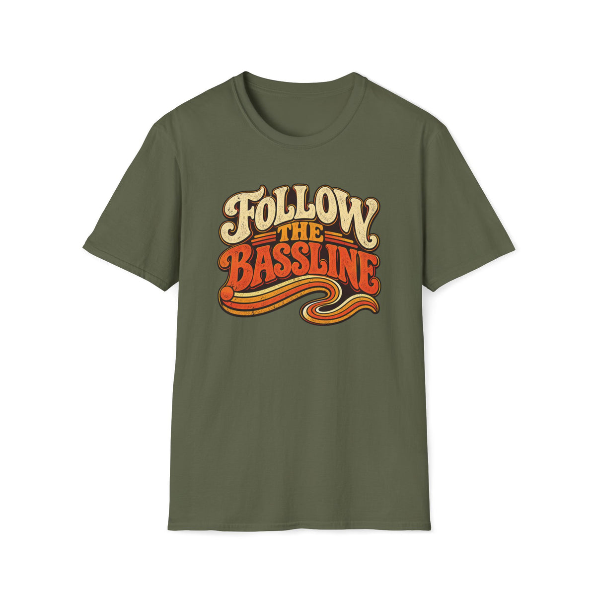 Military green Follow the Bassline T-shirt with a thick bassline winding like a road.