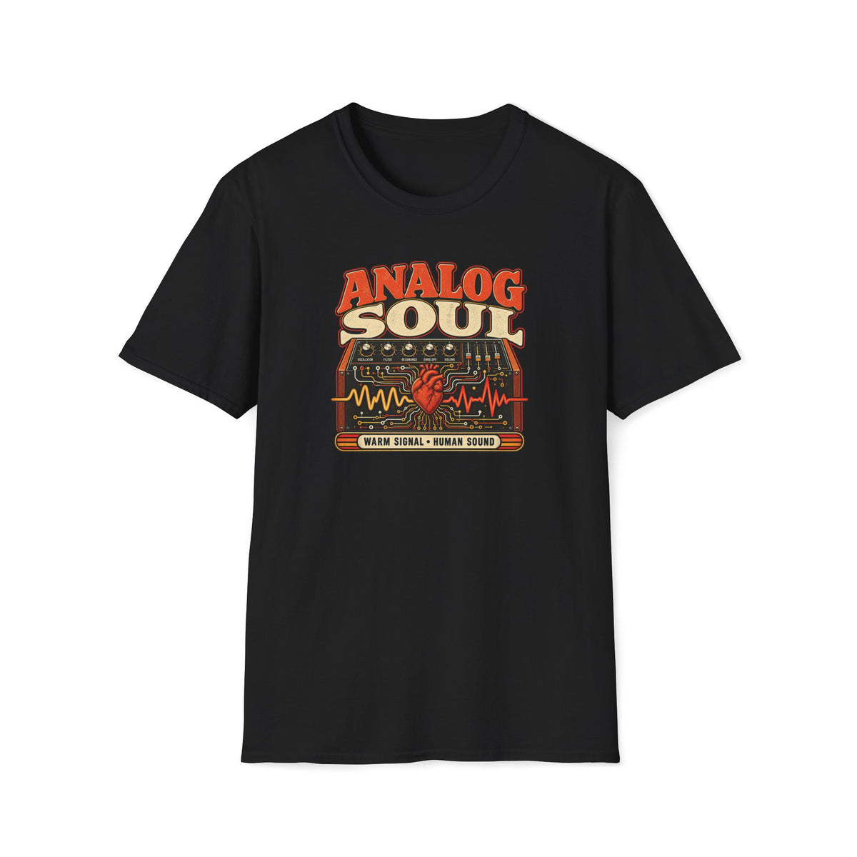 Black Analog Soul T-shirt with a red heart within a synth control panel and circuitry.