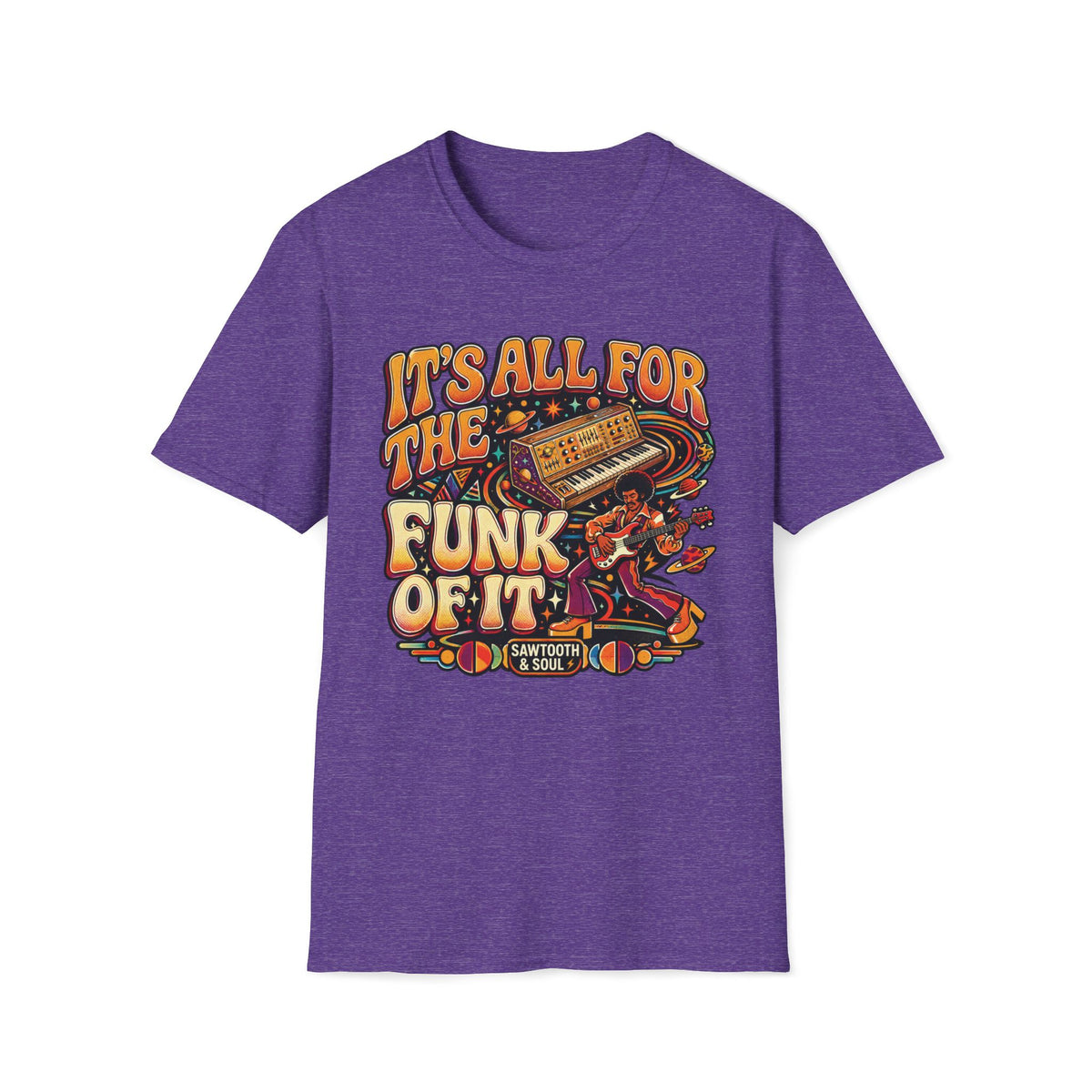 Heather purple It’s All for the Funk of It T-shirt with a bass guitarist, synthesizer, and orbiting planets.