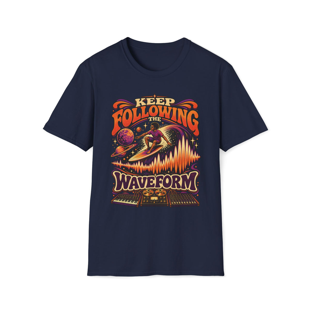 Navy Keep Following the Waveform T-shirt with a surfer riding a waveform above analog music gear.
