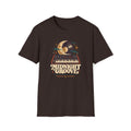 Dark brown Midnight Groove T-shirt with a synthesizer below a crescent moon and vinyl record.