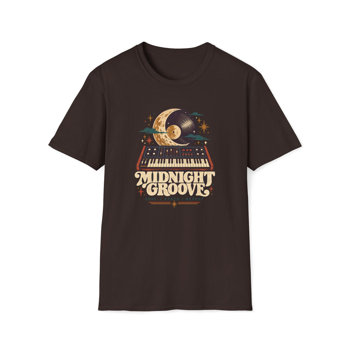Dark brown Midnight Groove T-shirt with a synthesizer below a crescent moon and vinyl record.
