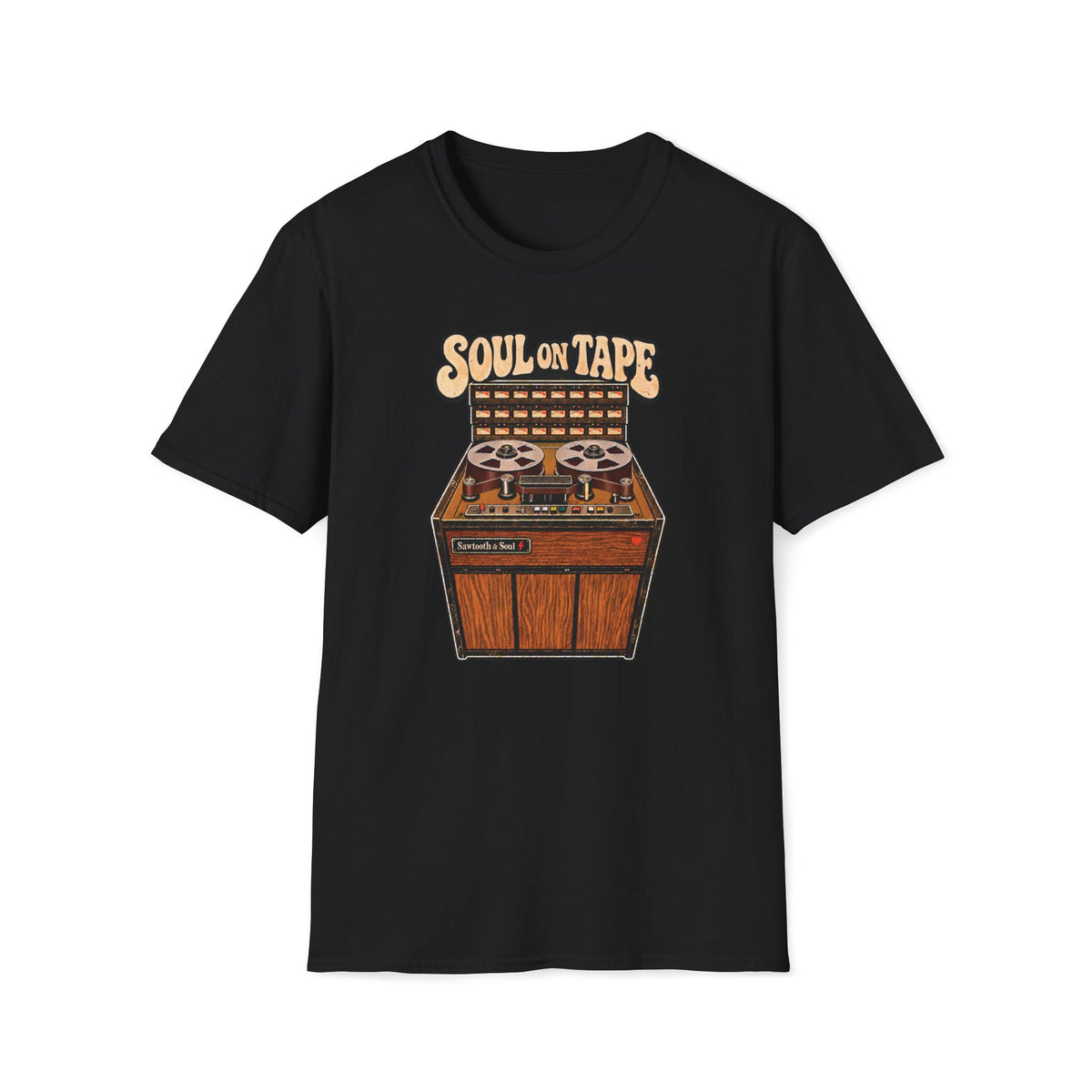 “Soul on Tape” T-shirt featuring a vintage multitrack tape machine with twin reels, a meter bank, woodgrain cabinet, and a small red heart.