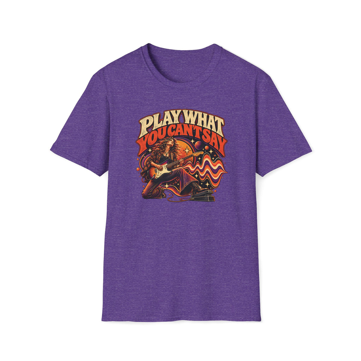 Heather purple Play What You Can't Say T-shirt with a woman guitarist using a wah pedal amid sound waves.