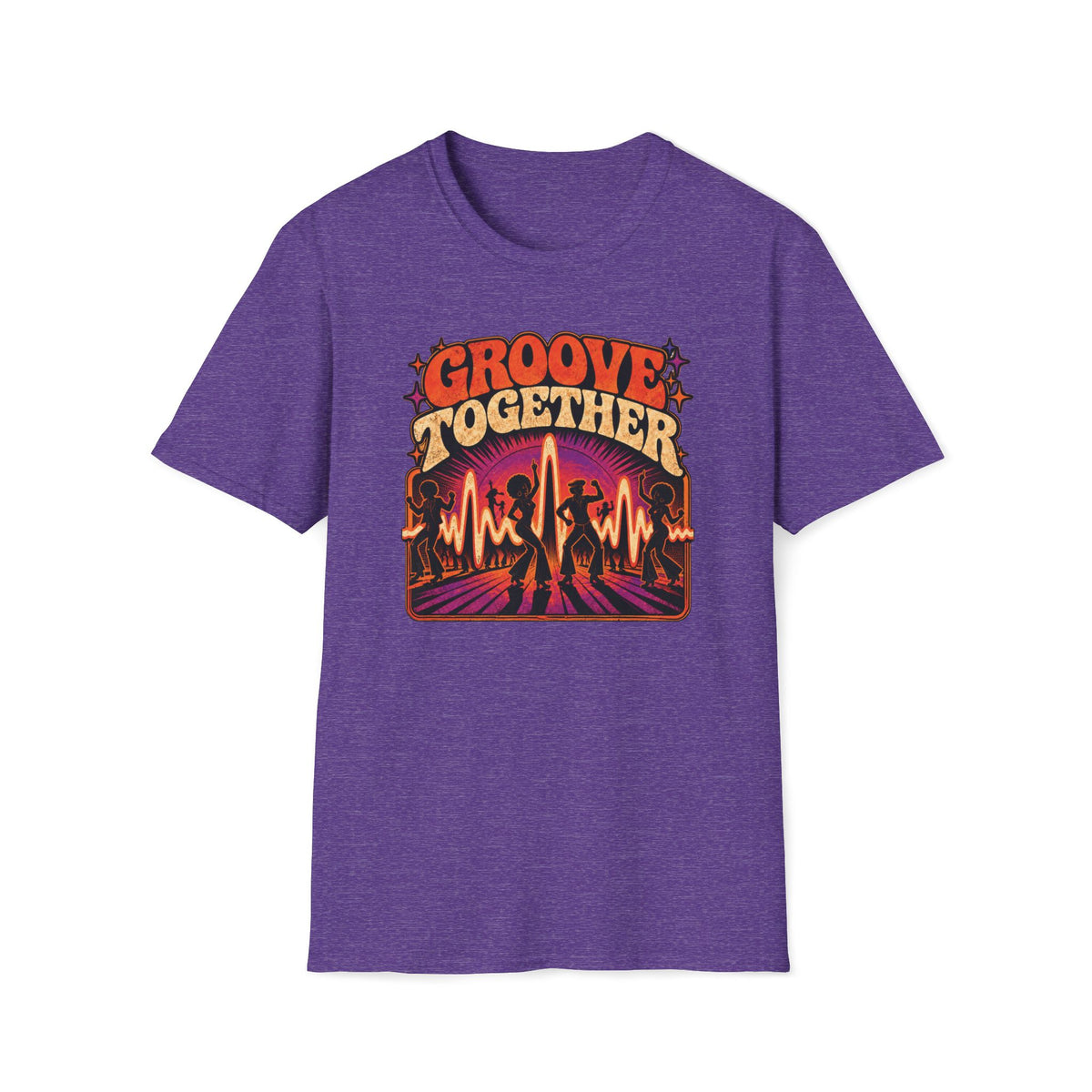 Heather purple Groove Together T-shirt with dancers, a glowing waveform, and a radiating dance floor.