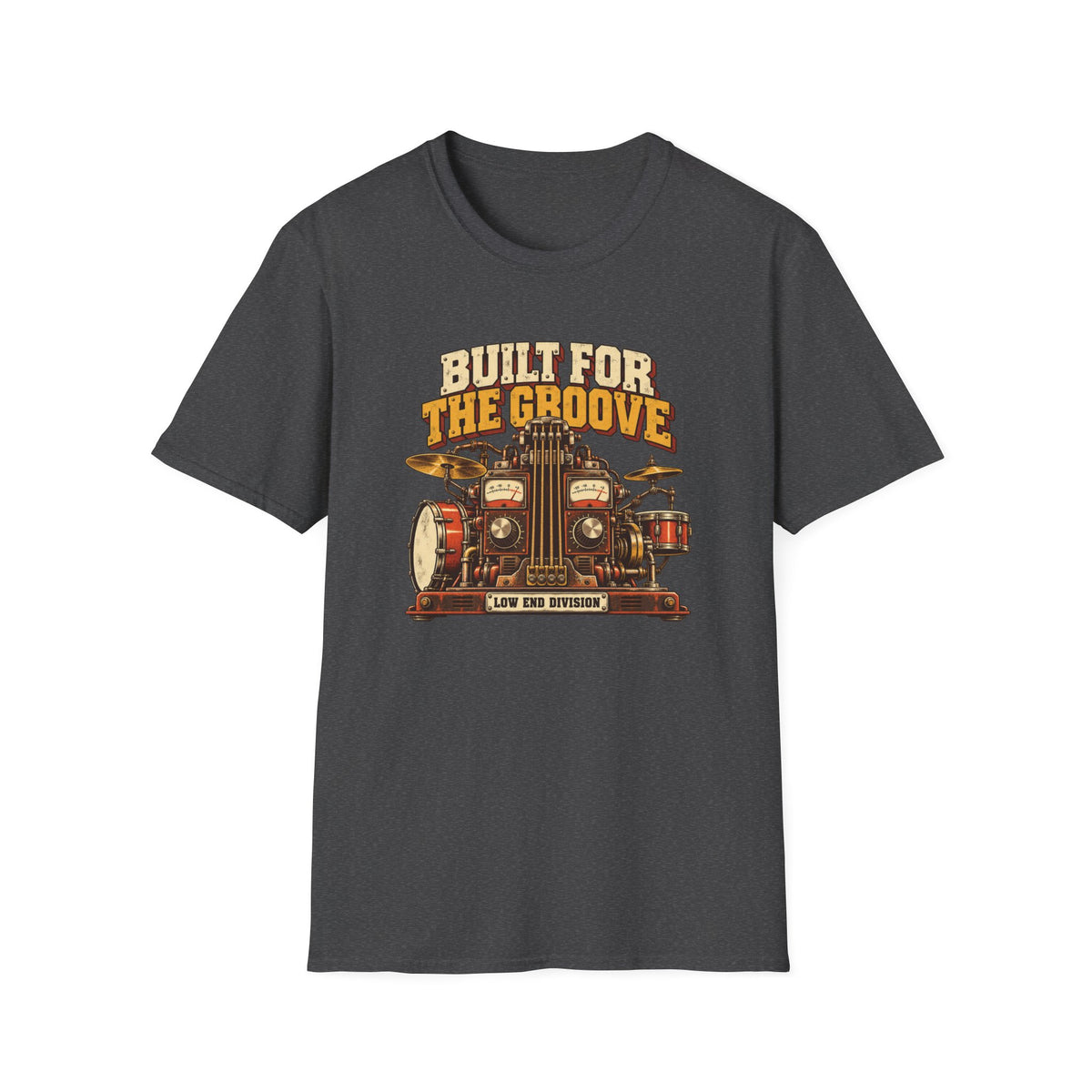 Dark heather gray Built for the Groove T-shirt with bass strings, drums, synth knobs, and analog meters.