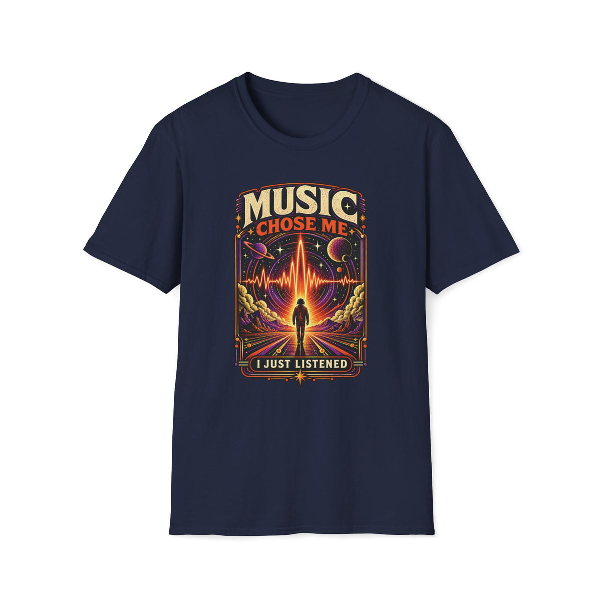 Navy Music Chose Me T-shirt with a figure walking toward a glowing cosmic waveform.