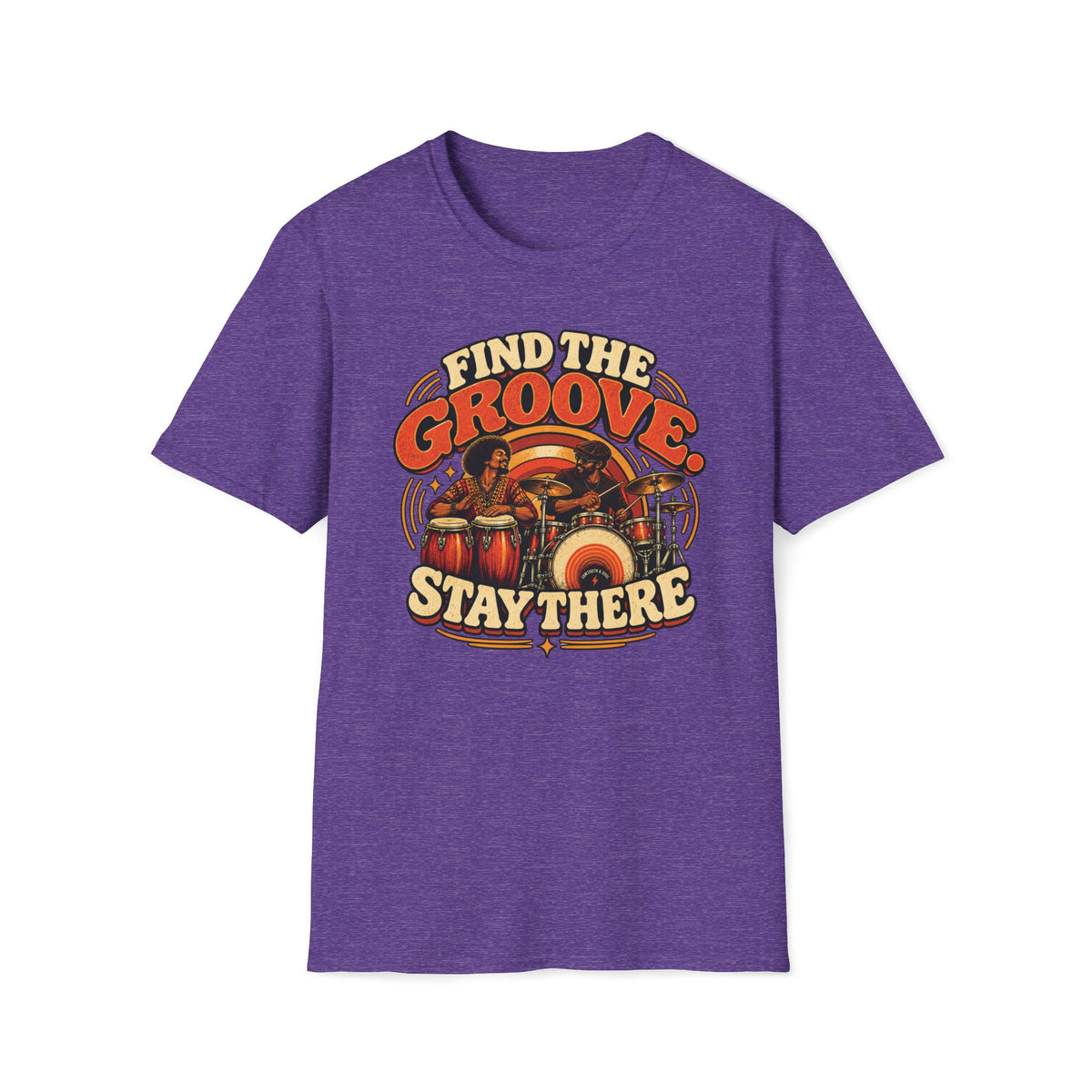 Heather purple Find the Groove Stay There T-shirt with a conga player and drummer sharing a striped backdrop.