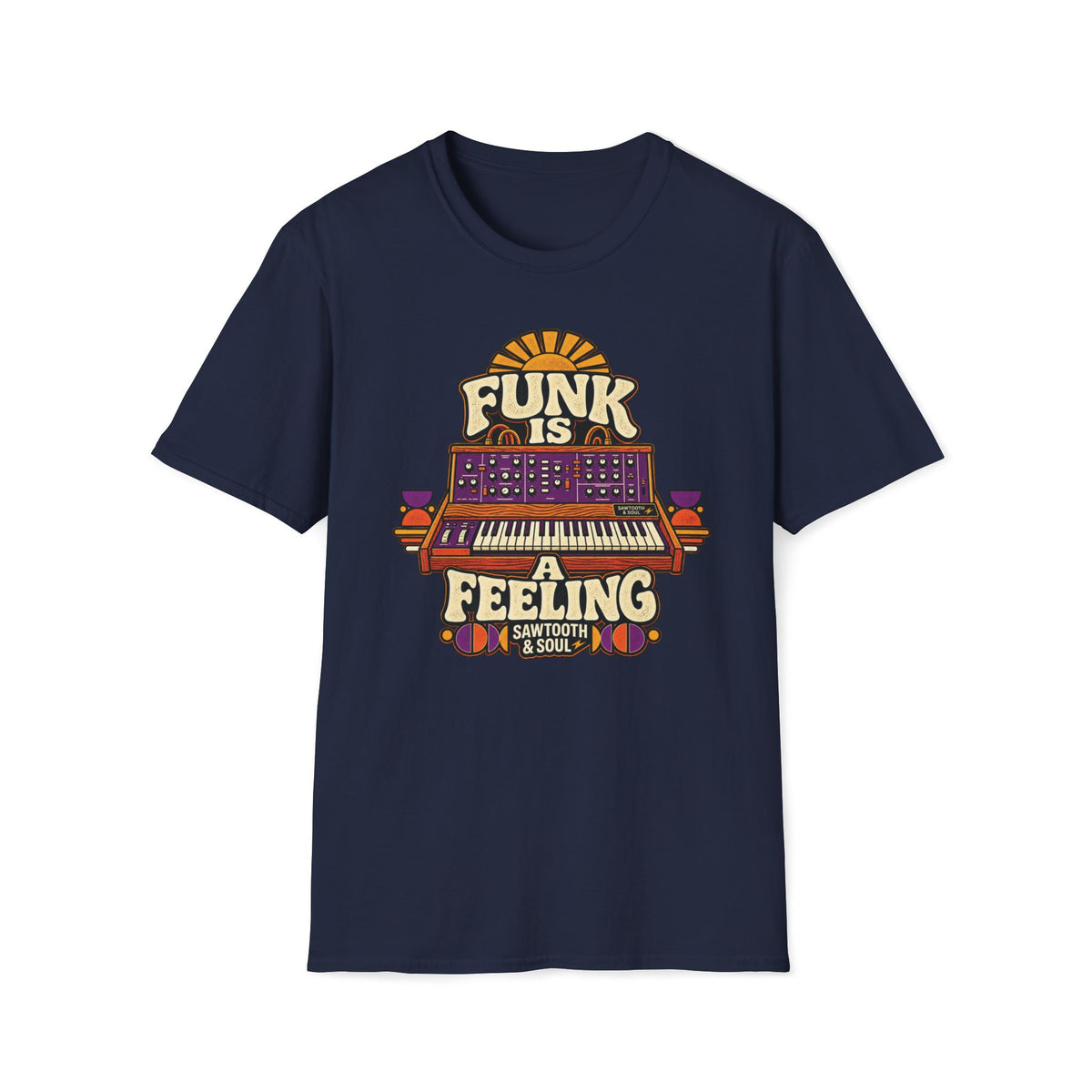 Navy Funk Is a Feeling T-shirt with a vintage synthesizer and warm geometric accents.