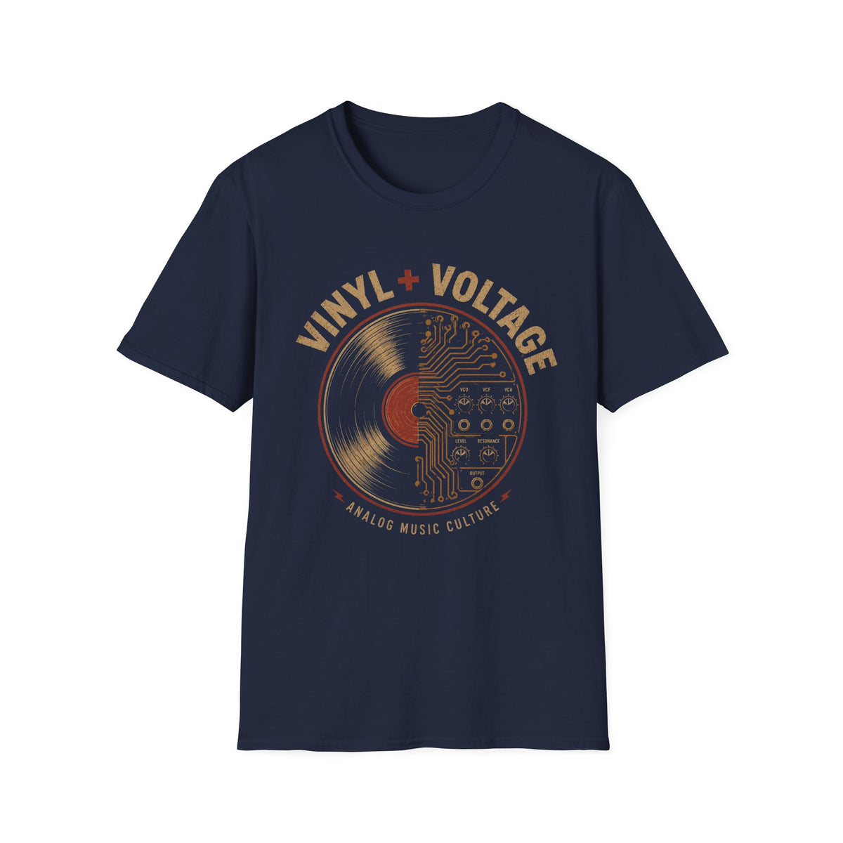Navy Vinyl + Voltage T-shirt with a vinyl record merged with synthesizer circuitry.