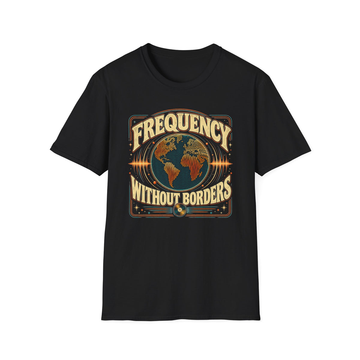 Black Frequency Without Borders T-shirt with a world map surrounded by radiating sound waves.