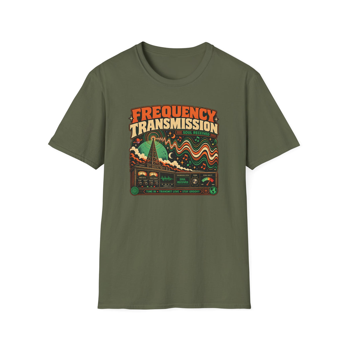 Military green Frequency Transmission T-shirt with a radio tower, waveforms, and vintage audio controls.