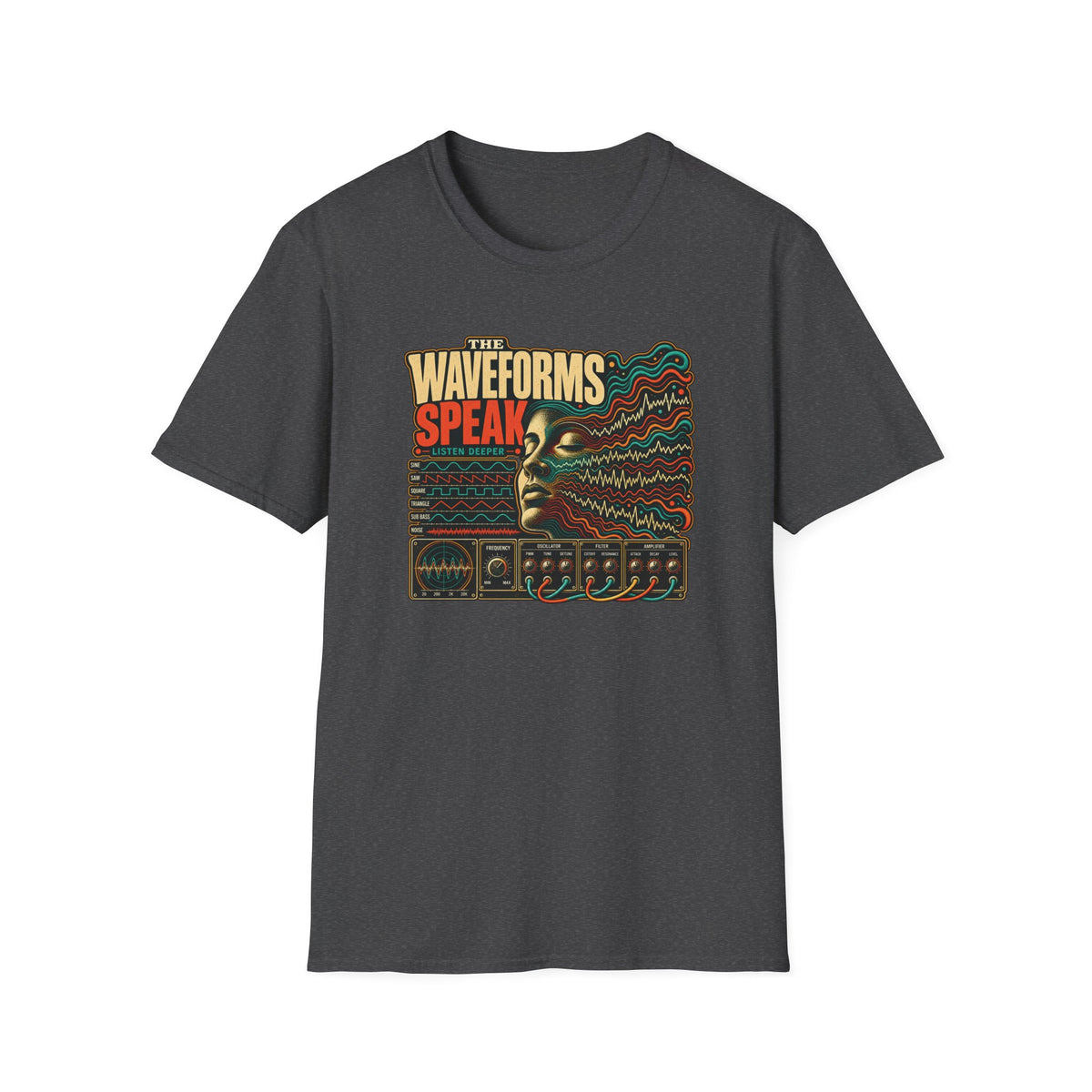 Dark heather gray The Waveforms Speak T-shirt with a portrait, sound waves, and synthesizer controls.
