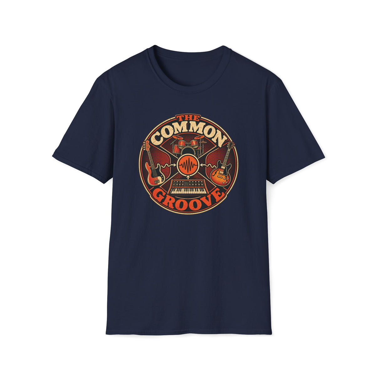 Navy The Common Groove T-shirt with bass, guitar, drums, and synthesizer around a waveform.