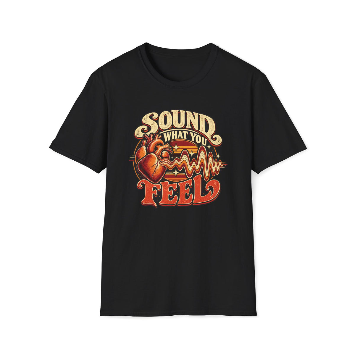 Black Sound What You Feel T-shirt with a heart transforming into a musical waveform.