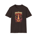 Dark brown The Frequency Found Me T-shirt with a figure beneath a beam of sound among planets.