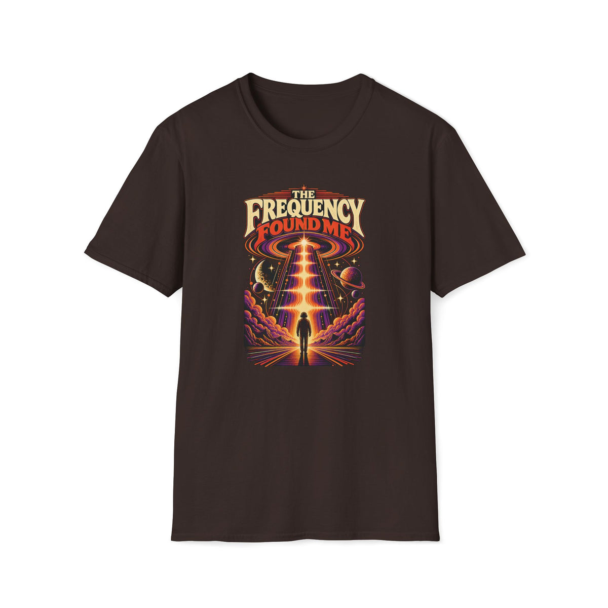 Dark brown The Frequency Found Me T-shirt with a figure beneath a beam of sound among planets.