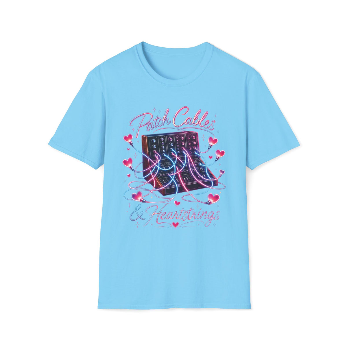 Sky blue Neon Patch Cables & Heartstrings T-shirt with a synthesizer with pink and blue heart-shaped cables.