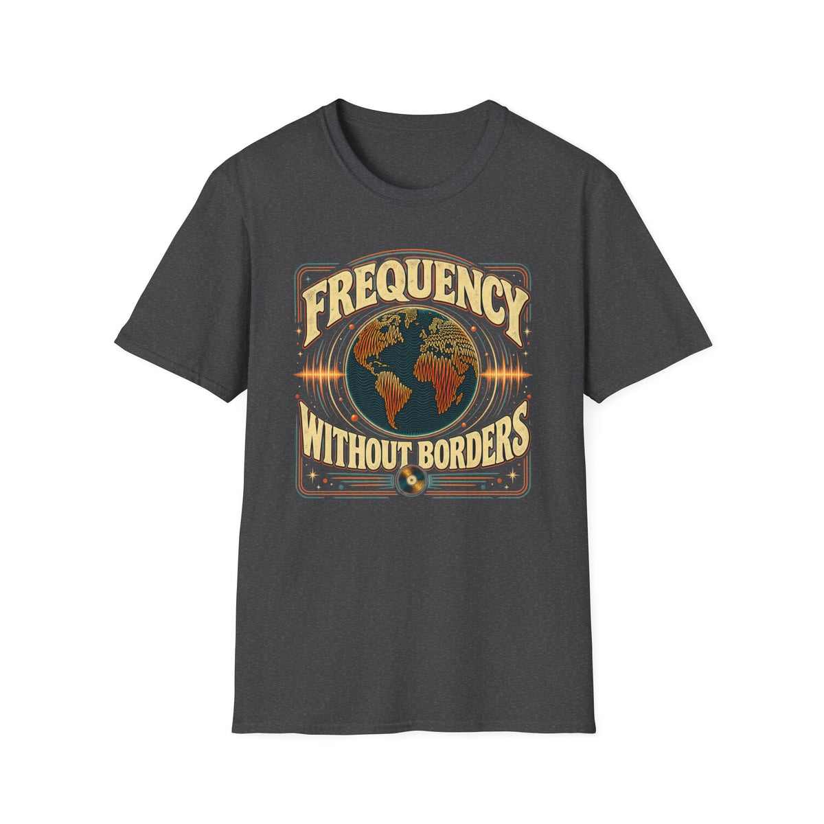 Dark heather gray Frequency Without Borders T-shirt with a world map surrounded by radiating sound waves.